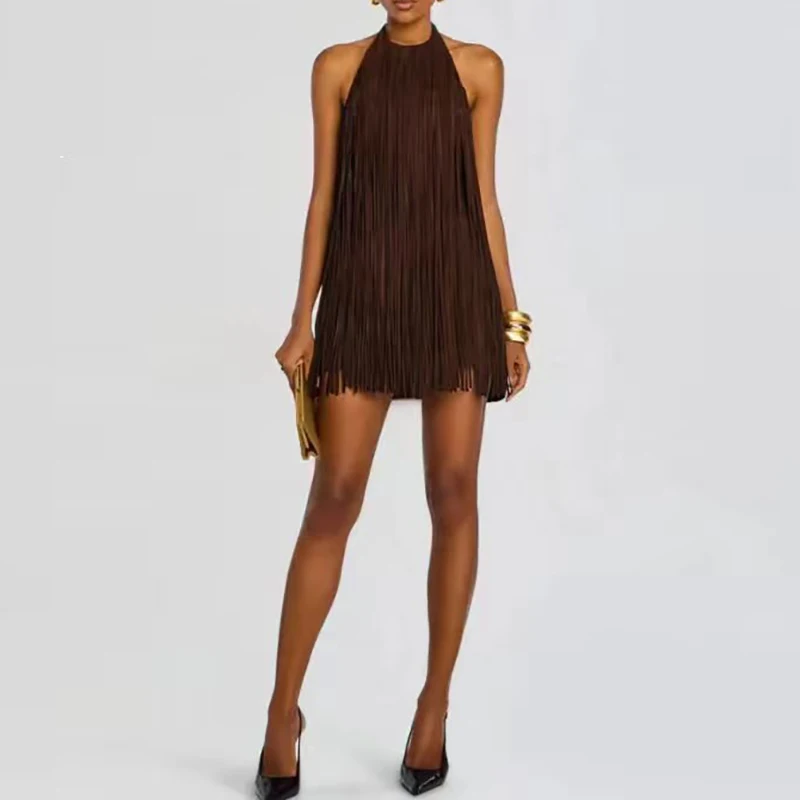 2026 Elegant Solid Backless Mini Dress Sexy Hang Neck Off Shoulder Dance Party Dress Temperament Fringe Splice Sleeveless Dress