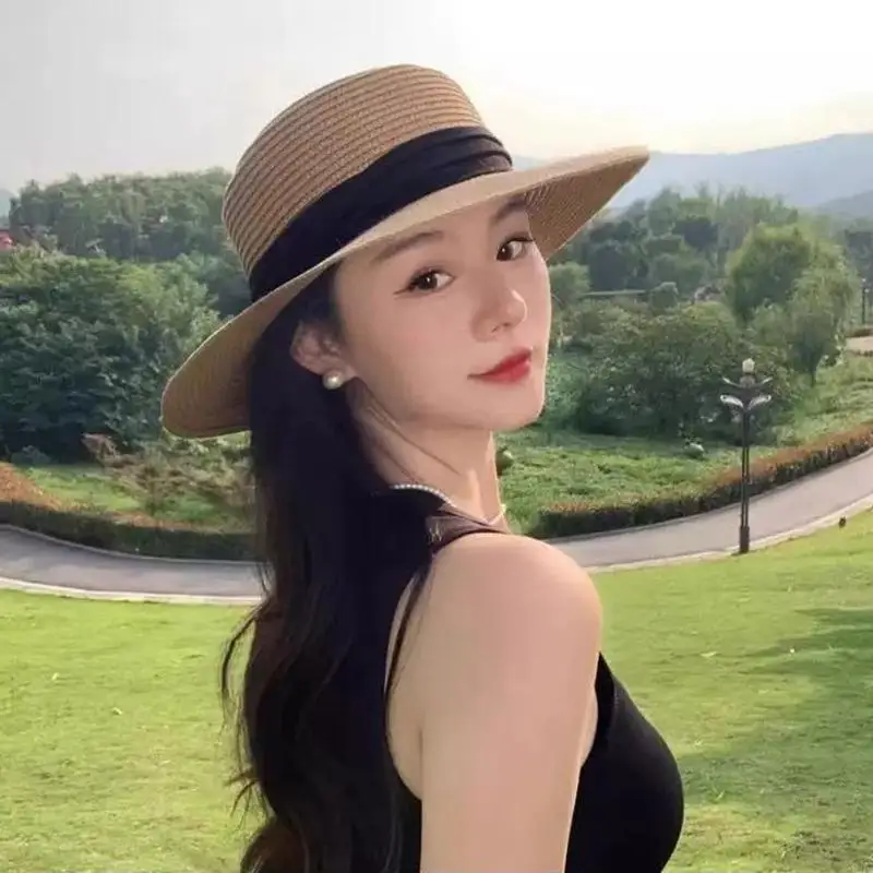 /Vly/French Style Flat Top Straw Hat Beach Sun Hat Travel Vocation Women Summer Straw Hat Fashion