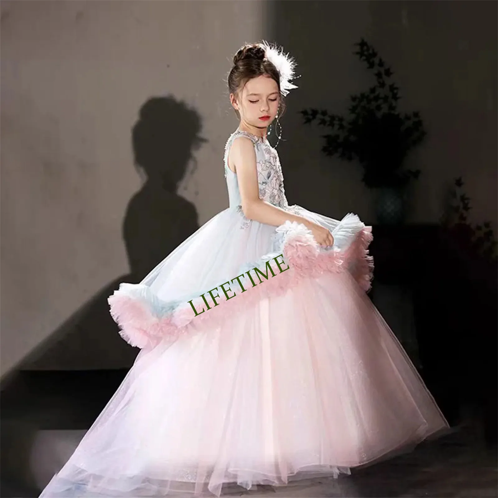 

CustomizedLuxury Embroidery Pink Arabic Girl Dress Beades Princess Long Wedding Birthday Pageant Party Evening Ball Gown