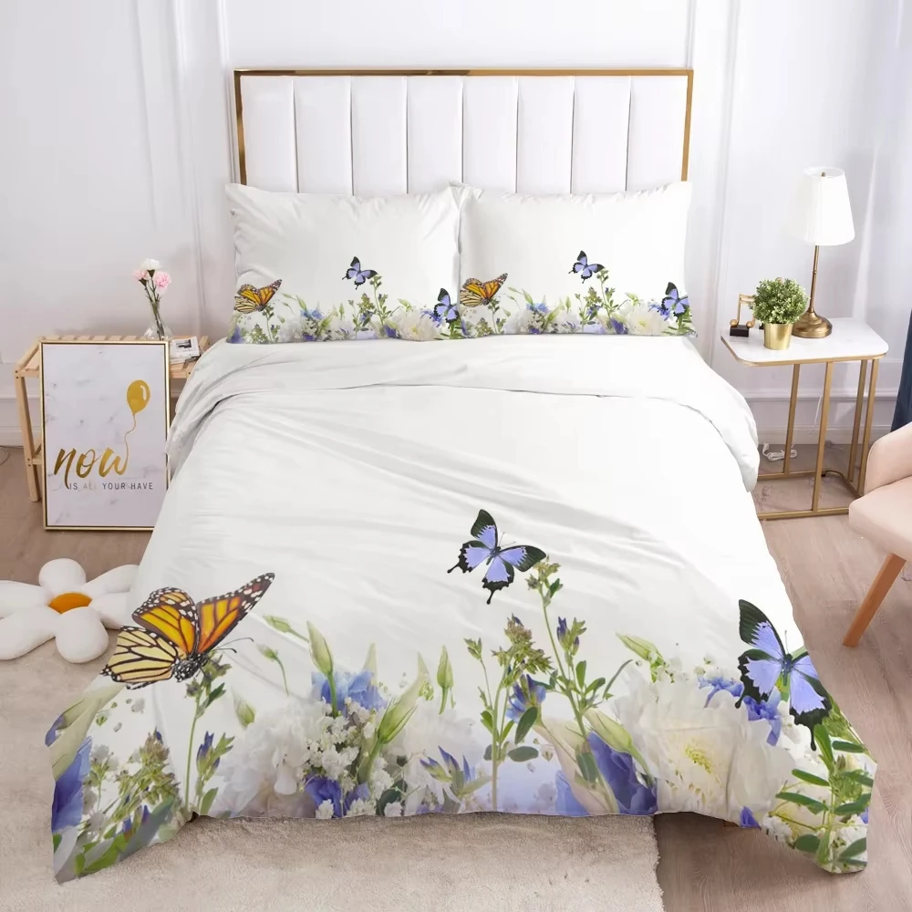 Polyester Duvet Cover with 2 Pillow Case 3 Piece Butterfly Flower Bedding Set for Kids Adults 135x200 140X200 200X200 200X220CM