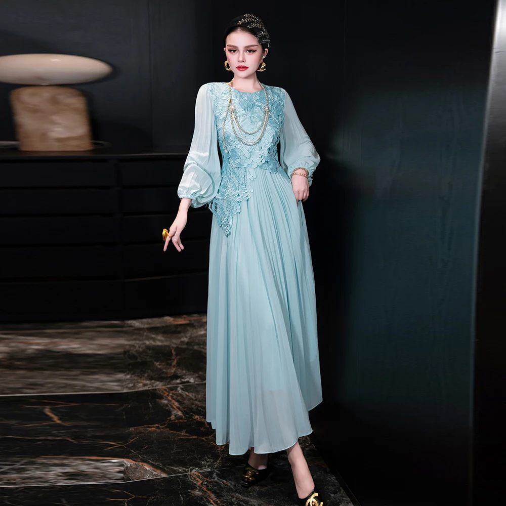 

ZJYT Роскошные элегантные полые лоскутные длинные платья макси с вышивкой для женщин вечернее платье с рукавами-фонариками плиссированное платье синего цвета