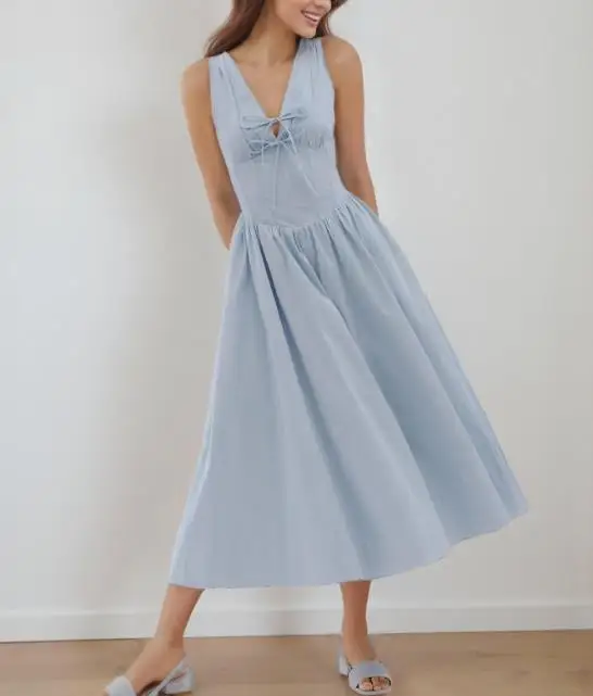 

Casual Women's Dress, Summer V-Neck Solid Color Bow Tie Decoration Waist, A-Line Sleeveless Dress Suitable for Beach Vacations