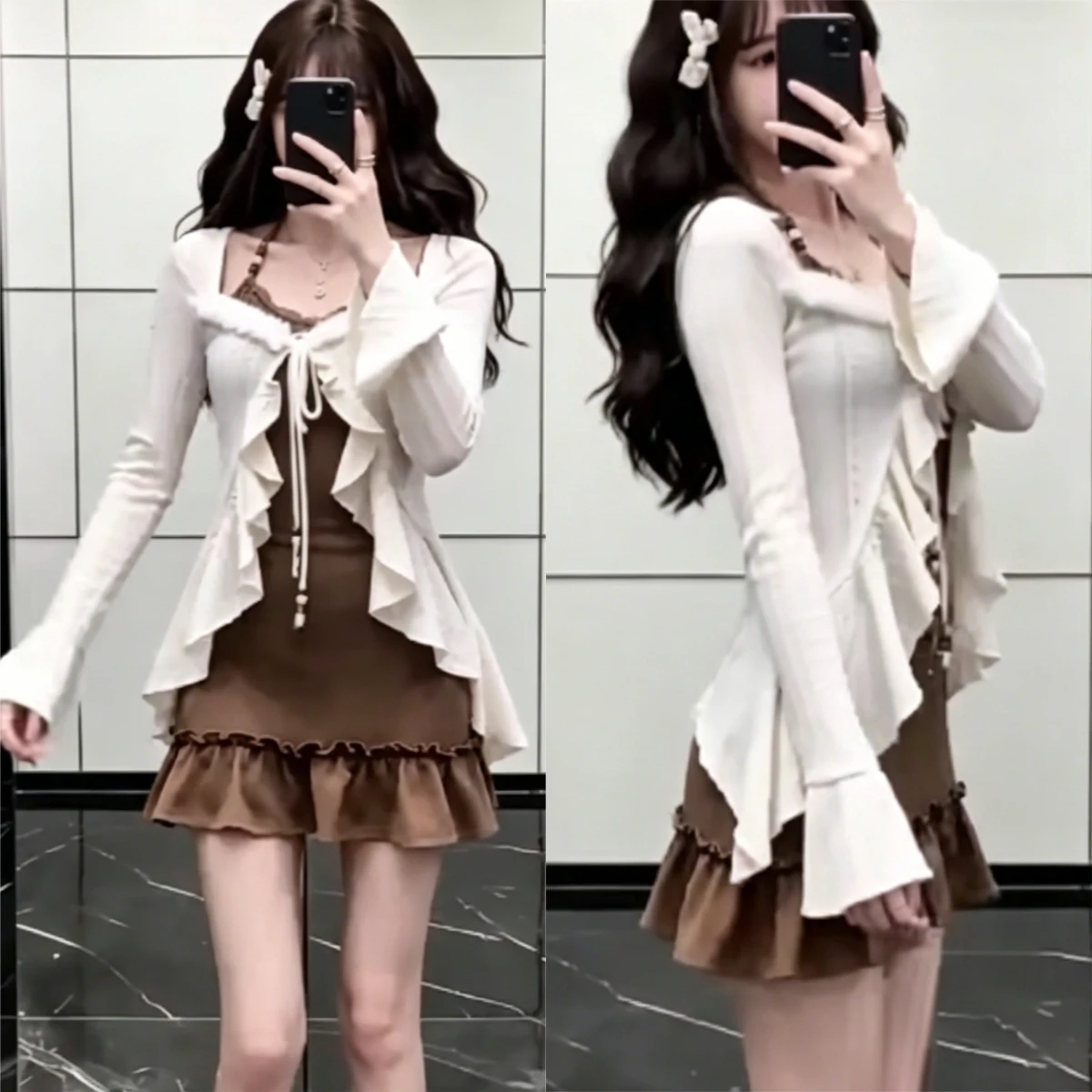 

Vintage Korean Fashion Two Piece Set Y2K Spicy Girl Ruffle Knit Cardigan Sling Top Mini Pleated Skirt Sexy Daily Outfit Suit