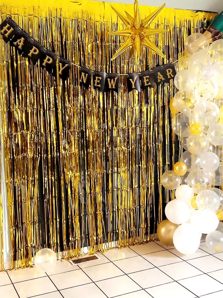 2 Stück - 1*2m Metallfolien-Fransenvorhänge für Party-Hintergrundwand-Dekoration, glänzende Aluminiumfolien-Wandvorhänge mit Quasten – Detail 2