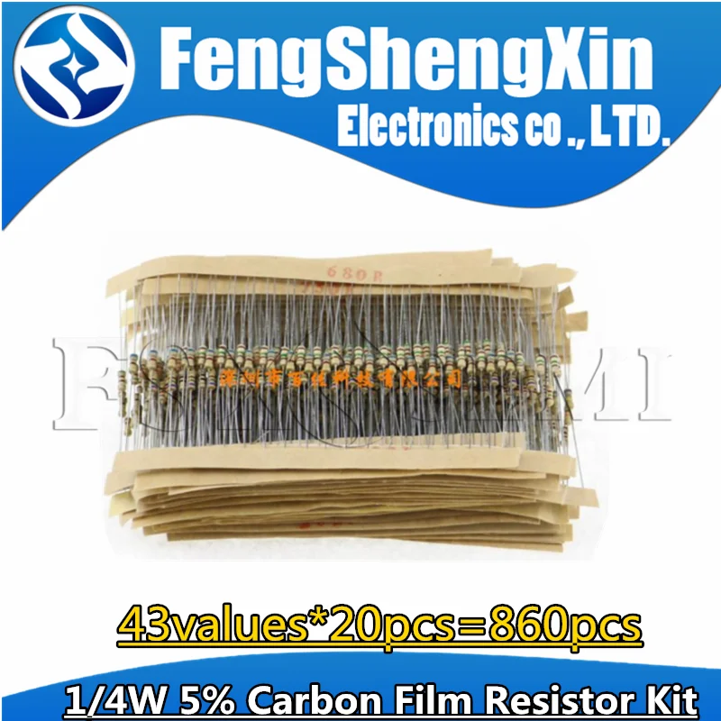 

43values*20pcs=860pcs Carbon Film Resistor Kit 1/4W 5% resistors assorted kit set Resistance 1R - 1M Ohm 0.25W resistor pack