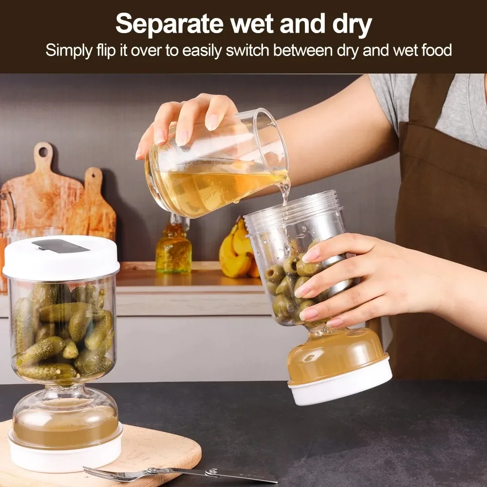 Sealed Pickles Jar with Fork Wet and Dry Separation Container Cucumber Olives Bottle with Strainer Flip Kitchen Food Storage Box