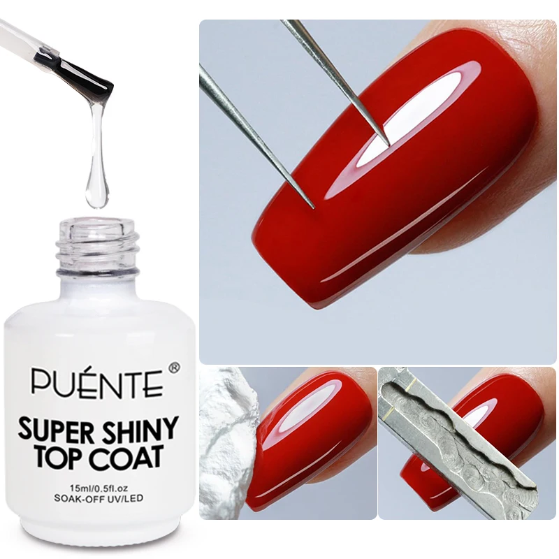 PUENTE 15ML High Gloss No Wipe Top Coat Super Shiny Top Coat Gel Nail Polish Long-lasting Soak Off UV Nail Art Varnish Manicure