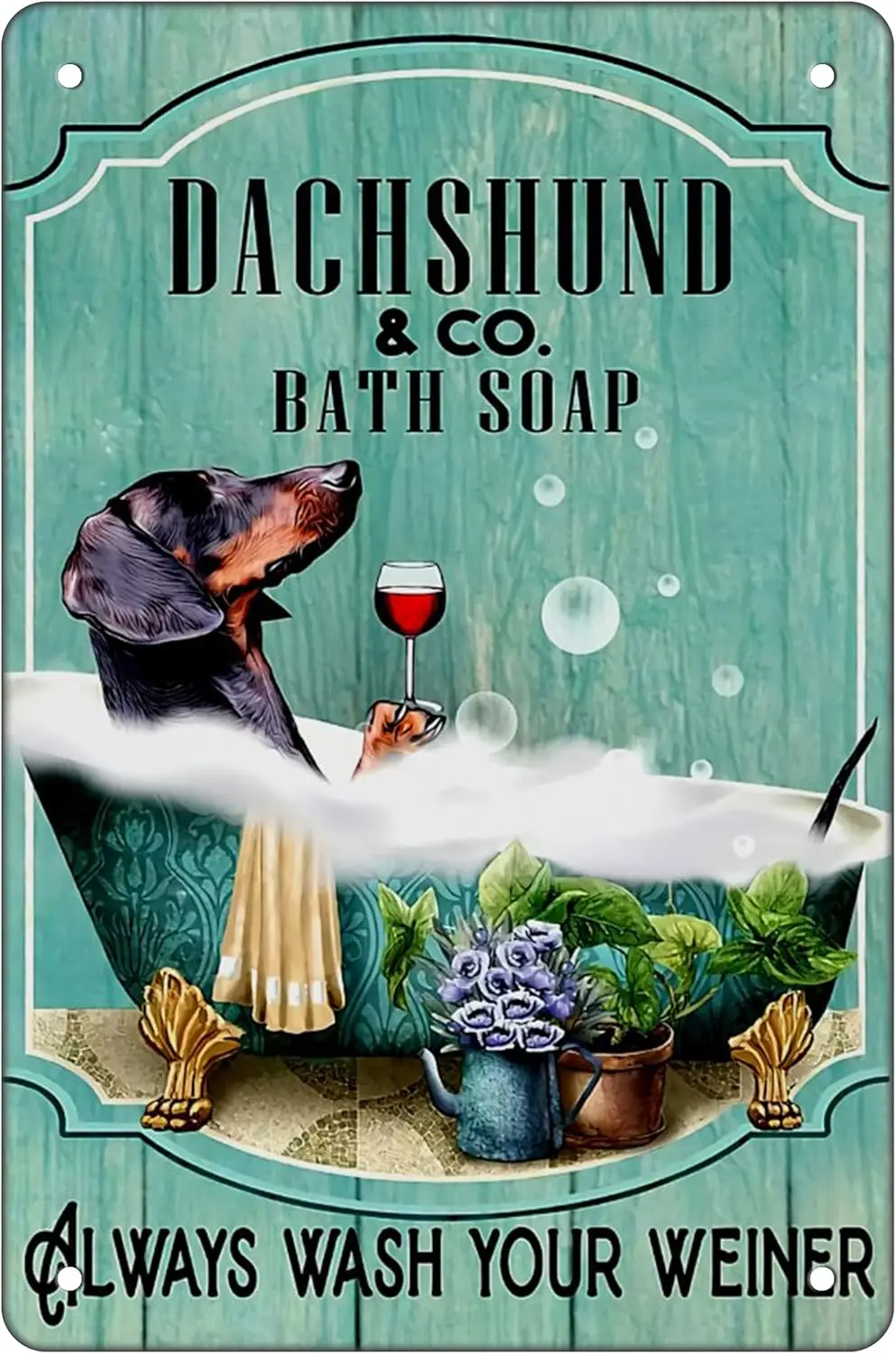 Dackel-Wanddekoration aus Metall – „Wash Your Wiener“-Vintage-Poster – Dekoschild für Bar, Zuhause, Badezimmer