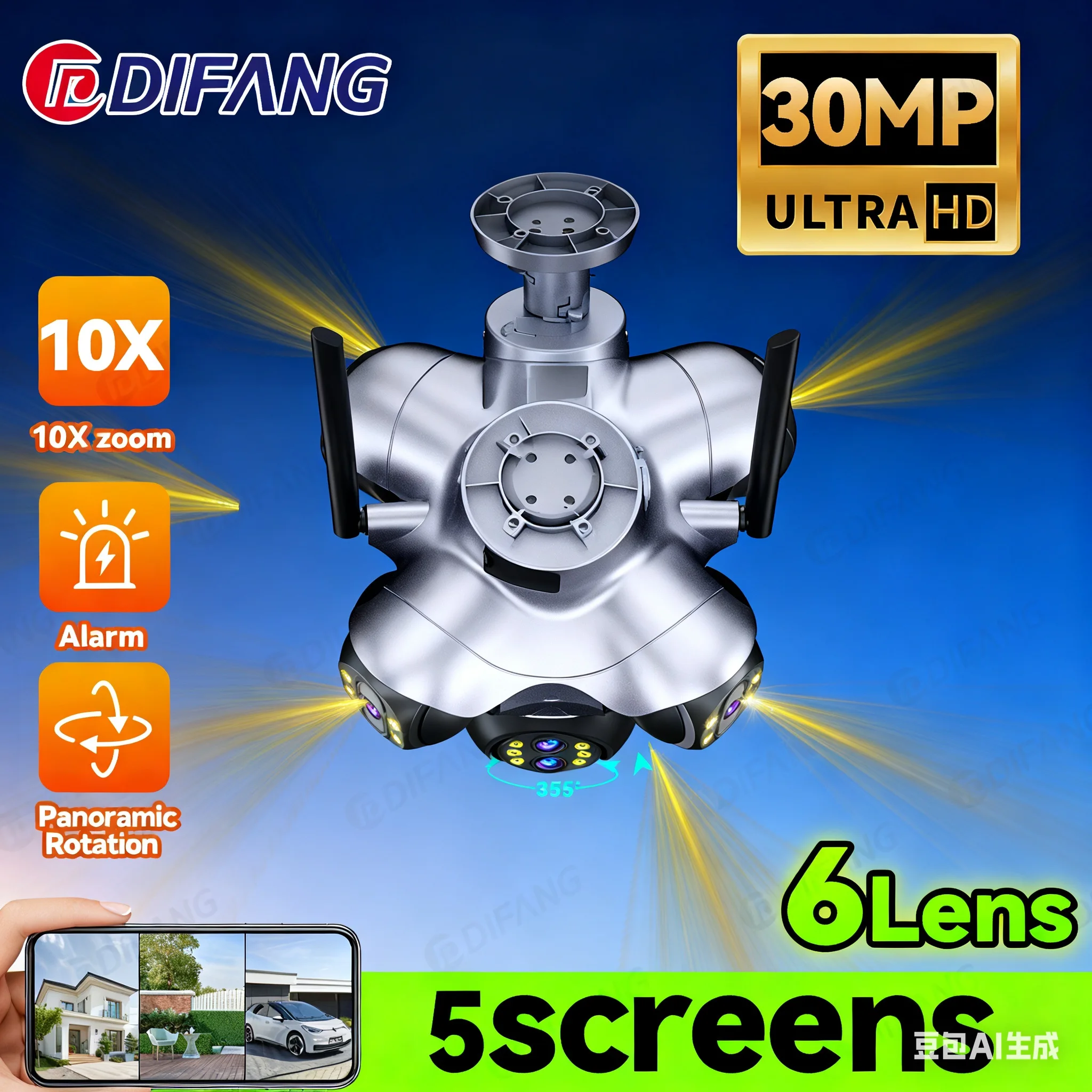 

IP-камера DIFANG, 30 МП, Wi-Fi, 6-объектив, 5-экранный дисплей, 10-кратный зум, автоматическое отслеживание PTZ, наружное беспроводное видеонаблюдение