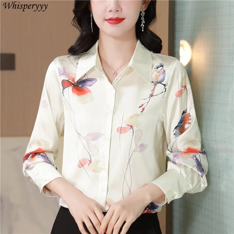 New Chinese Style Printed Shirt Loose Turn-down Collar Long Sleeve Thin Button Tops Women Spring Autumn Fashion Blouse Female