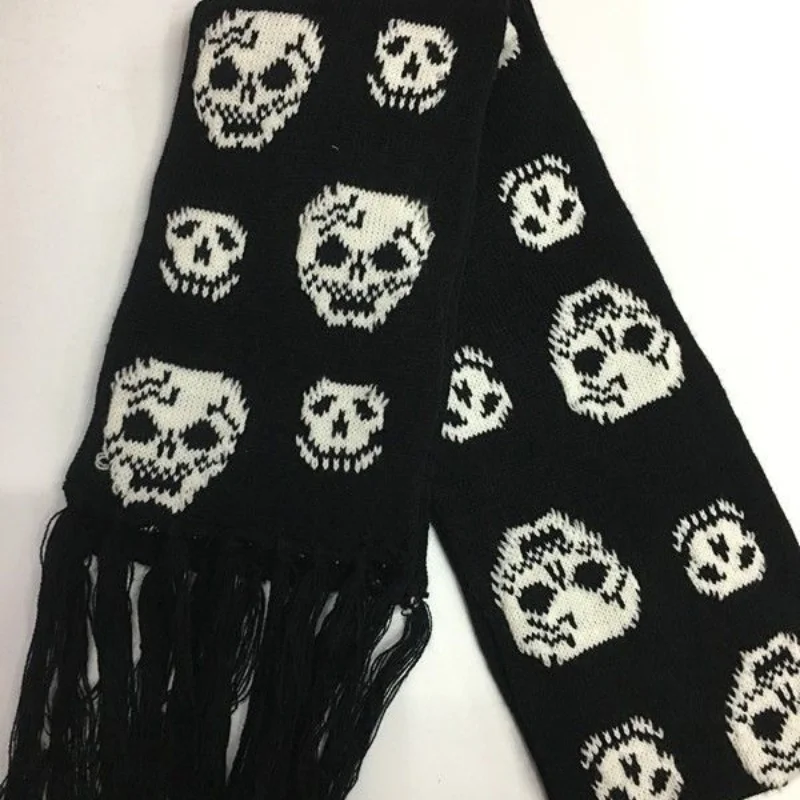 Bufanda de calavera Unisex, chal de Pashmina de punto cálido con borlas negras, envoltura de esqueleto de lujo con flecos, Invierno