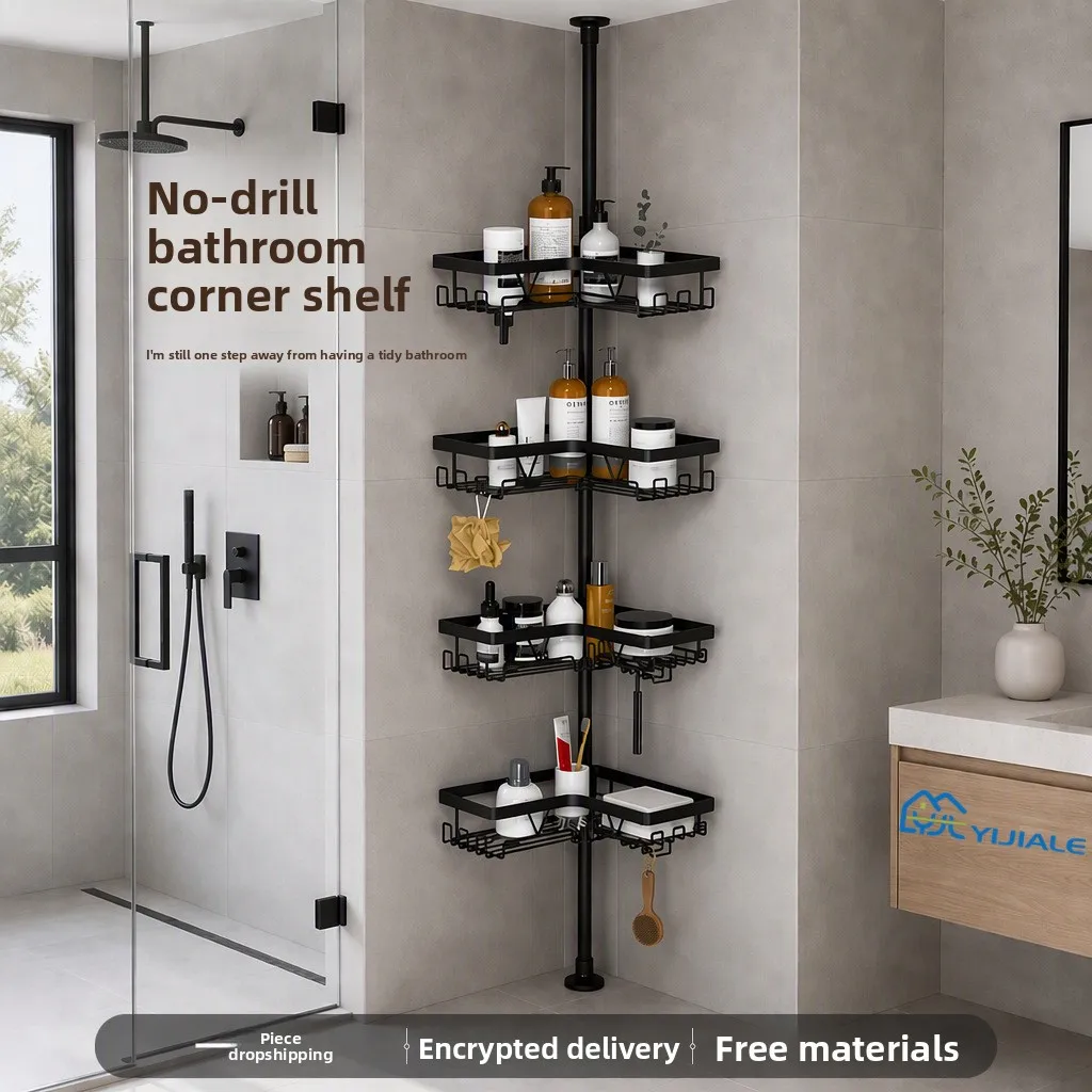 No Drill Four Tier Corner Bathroom Shower Shelf Matte Black Carbon Steel Tension Pole Organizer Spring Lock Side Hooks Space
