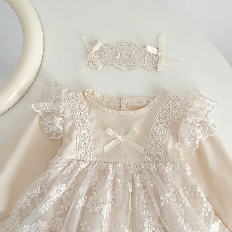 2024 New Spring Newborn Baby Girls Bodysuits+Hair band Long Sleeved Cotton Embroidery Lace Splicing Infant Baby Girls Jumpsuit