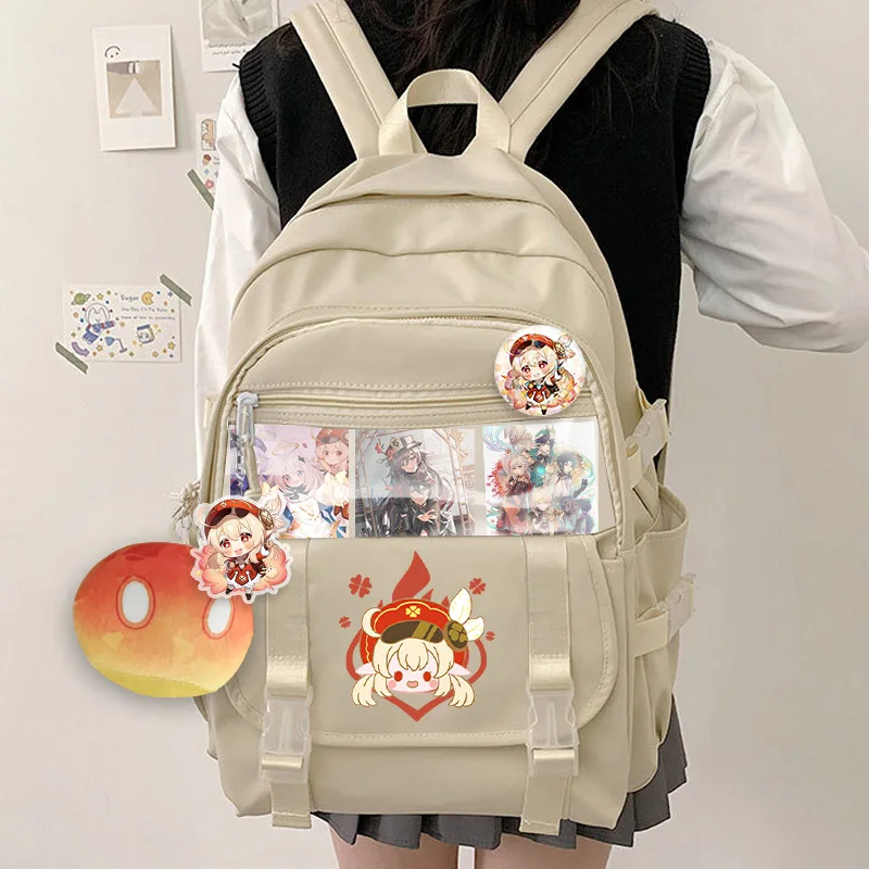 Genshin Impact Paimon Klee Barbatos Hutao Cosplay studenti borsa da scuola zaino da cartone animato grande capacità con Badge carta regalo in peluche