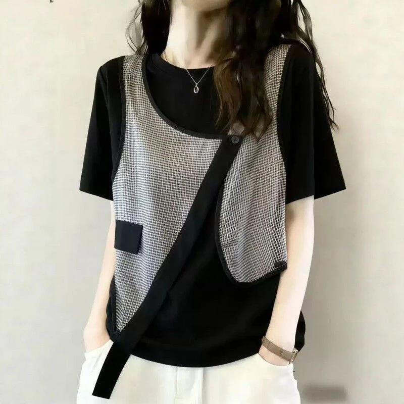 Women Fake Two Piece Plaid Vest Patchwork T Shirt 2026 Summer Loose Plus Size Slim Hide Belly Short Sleeve Crew Neck Casual Tee