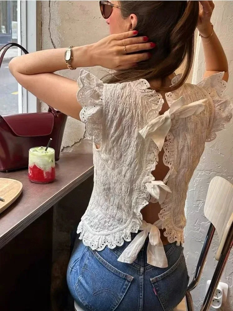 

Early Autumn 2025 White Embroidered Ruffle Design Knot Tie Vest Stitching Flounce Sve Cotton ort Sve