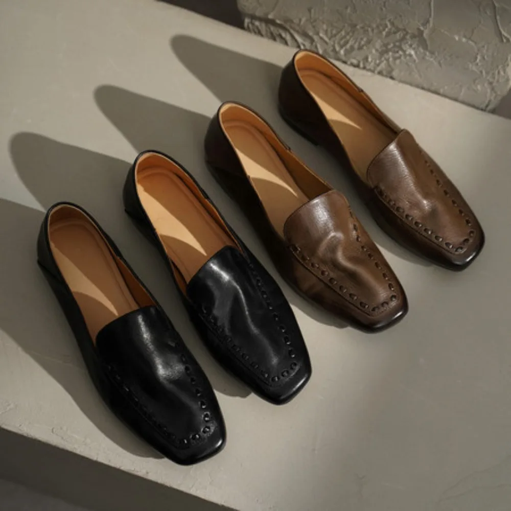 2026 Spring New Women's Loafers Genuine Leather Low Heel Square Toe Slip On for Office & Home