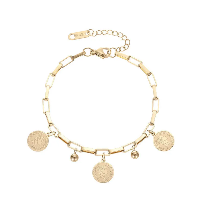 Gold stainless steel bracelet, ladies' hip-hop style stainless steel circular logo, portrait pendant chain, jewelrys accessories