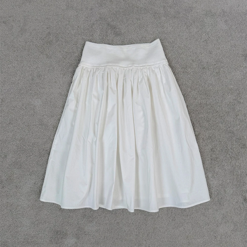 Women Cotton Blend Midi Skirt Wide Elastic High Waist Pleated A Line Flared Skirt Elegant Casual Swing Ladies Mid Length Skirt