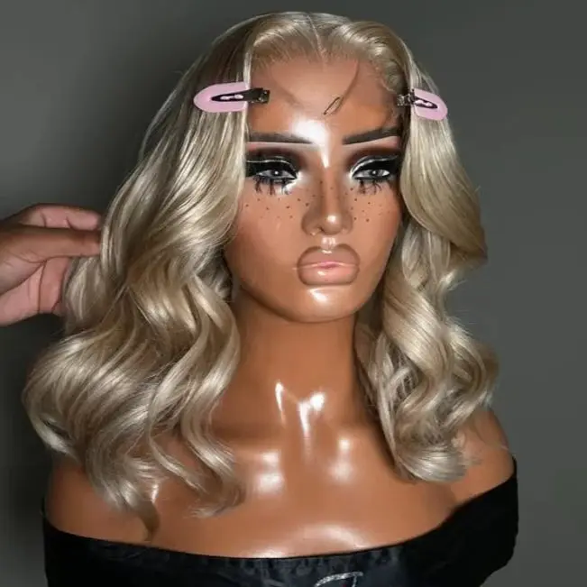 

613 Блондинка Парик Боб Объемная волна Парики фронта шнурка 13x4 HD Короткие парики шнурка Бесклеевые термостойкие синтетические высококачественные повседневные носки