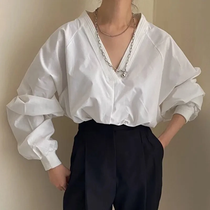 

Осенний простой элегантный V-Ne Svel Loose Pure Color Lantern Све irt Женский топ Faion Versatile Long Sve Poly...