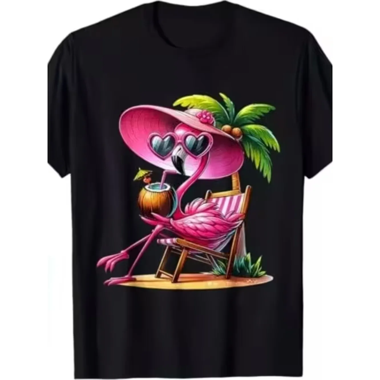 Camiseta de playa de verano con diseño de palmera, camiseta retro de algodón de manga corta con estampado de flamencos, camisa de vacaciones para piscina, actividades al aire libre, ropa informal
