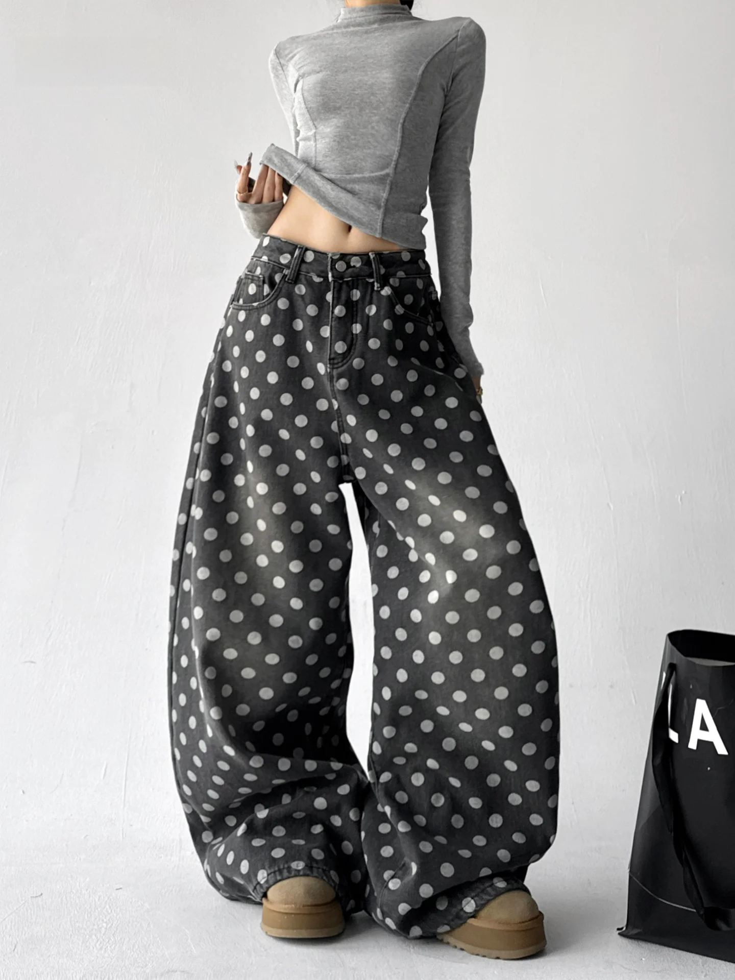 

Winter High Waist Wide Leg Plaid Fleece Lined Denim Pants Women's Autumn Spring Loose Fit Floor Length Drapey Skinnies