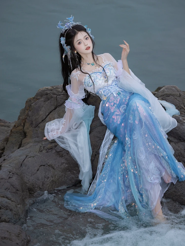 Yunjian Shanze Bright Moon On The Sea Blue Dress Chinese Style Dress Strapless Lower Skirt Split Style Dress