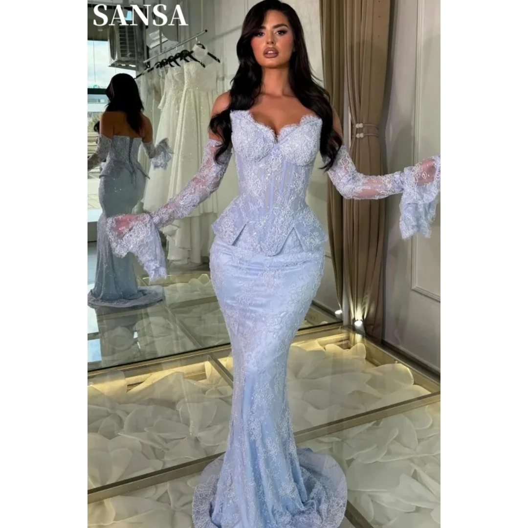 Sansa Customized Baby Blue Strapless‑Sweetheart Formal Prom Dress Sequined‑Lace Detachable‑Lace‑Sleeves  Mermaid Evening Gown
