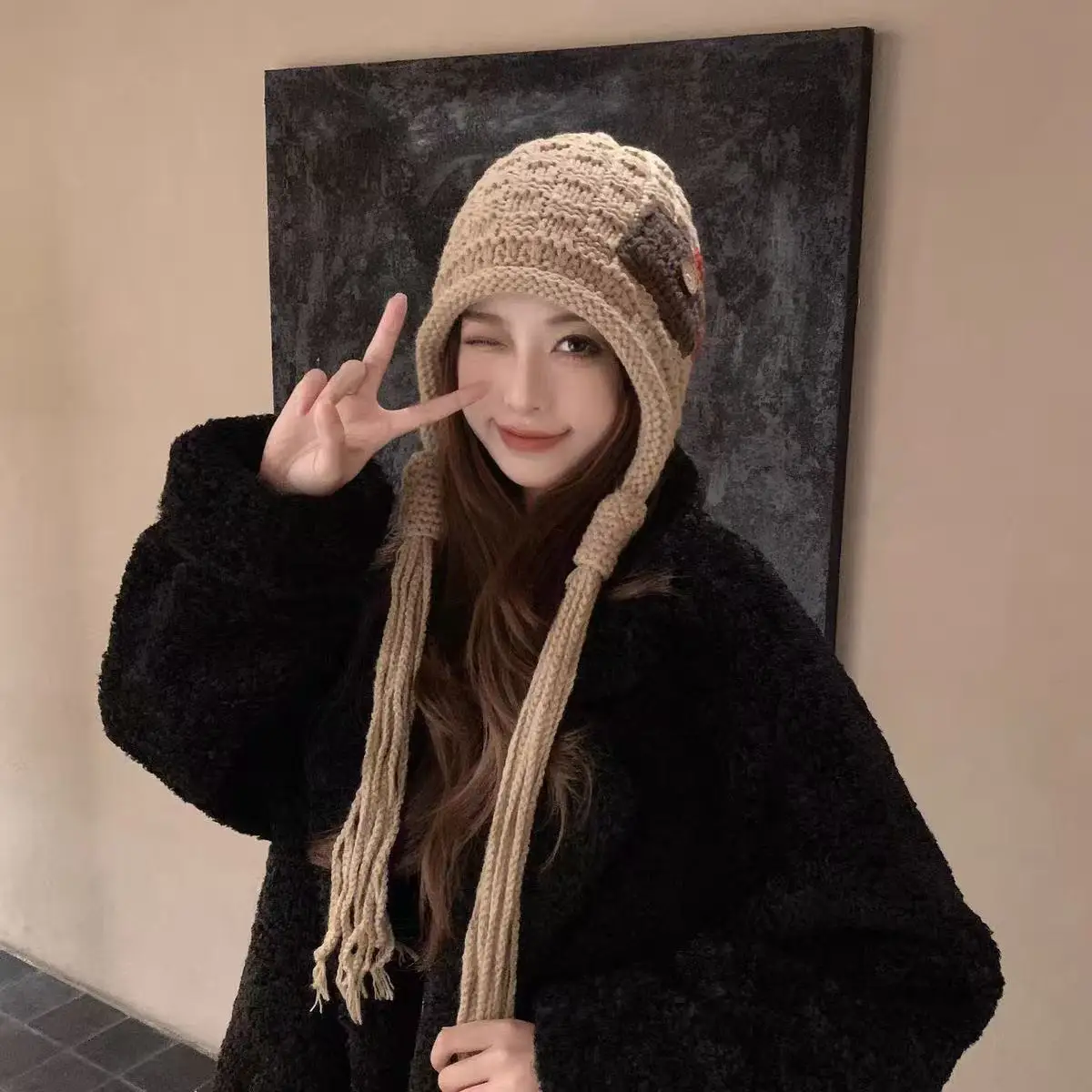 Womens Winter Handmade Braid Knitted Hat Button Patch Tassel Ear Flap Warm 100 Acrylic Beanie Casual Sporty Chic Style Coldproof