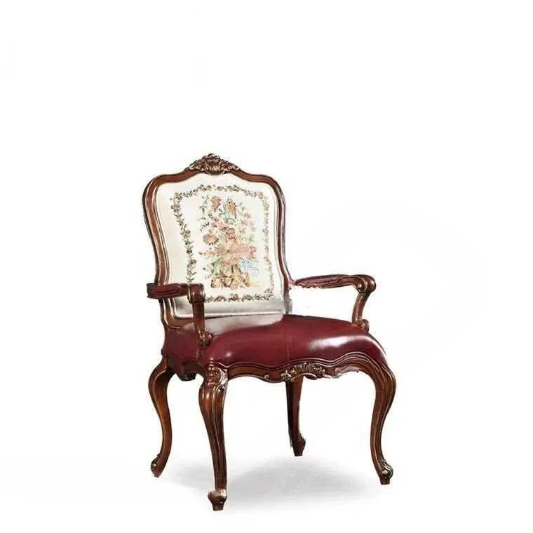 French high-end luxury solid wood leather fabric dining chair, American study chair casual carved armchair