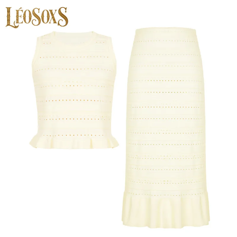 

LEOSOXS High Quality Knitted New Fashionable Solid Color Round Neck Lace Hollow Out Sleeveless Vest Slim Fit Skirt Women's Set