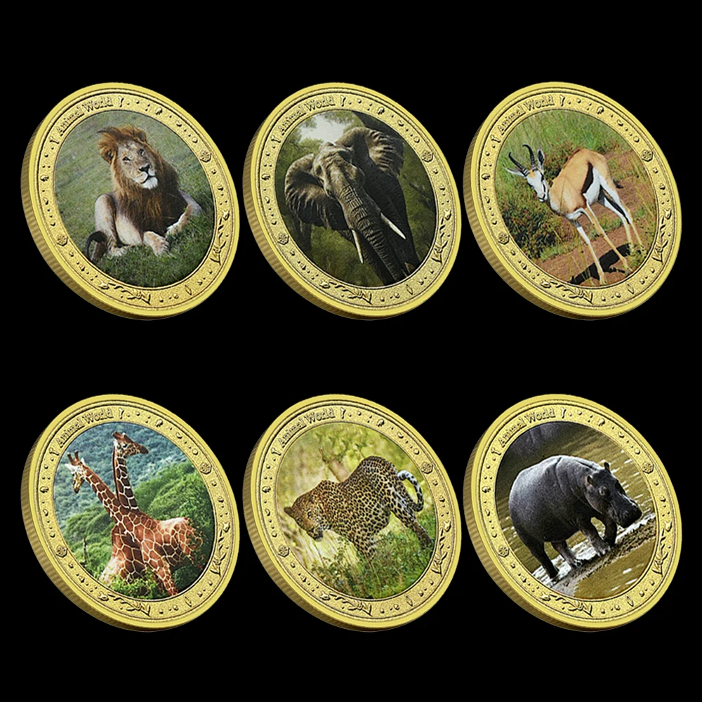 

6pcs African Animal Challenge Coins - Lion Elephant Giraffe Leopard Hippo Commemorative Collectible Coins Gift