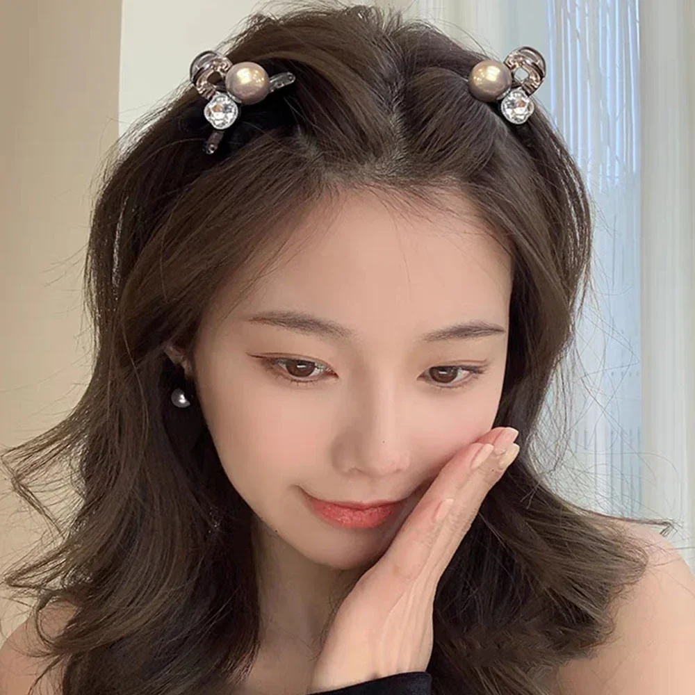 Luxury Rhinestone Pearl Hair Claws Mini Size Cross Shark Clip Women Girl Non Slip Plastic Side Barrettes Sweet Hair Accessories - 4