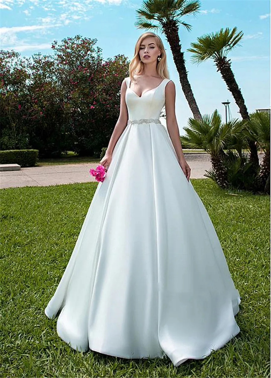 

Fashion Satin V-neck A-line Long Wedding Dresses Simple Beading Waistline Outdoor Bridal Dress vestido noiva sereia