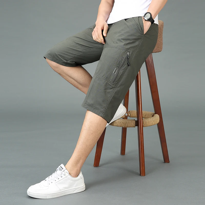 Summer Beach Casual Shorts Men\'s Clothing Solid Color Youthful Vitality Safari Style Pockets Daily Mid Waist Elastic Knee Pants