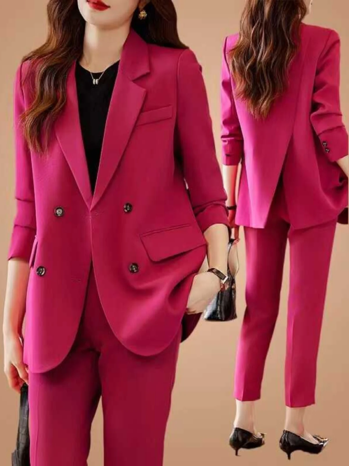 Casual Faionable Women's Suit Set High Waist Nine-Piece Pants Korean Sle Loose Fit Long Sve Tee-acetate Fiber