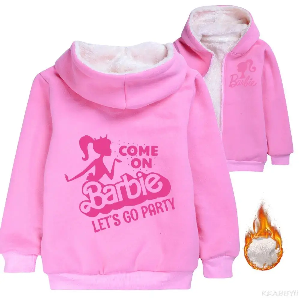 Barbie Baby Girls Cartoon Printed Children Plus Velvet Warm Boys Cotton Jacket Sweatshirt Thick Kids Clothing Jacket