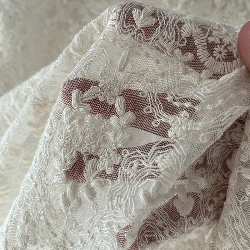 130cm Wide Premium Apricot Cotton Embroidered Lace & Floral Mesh Trim Fabric for Wedding Dresses and Gowns