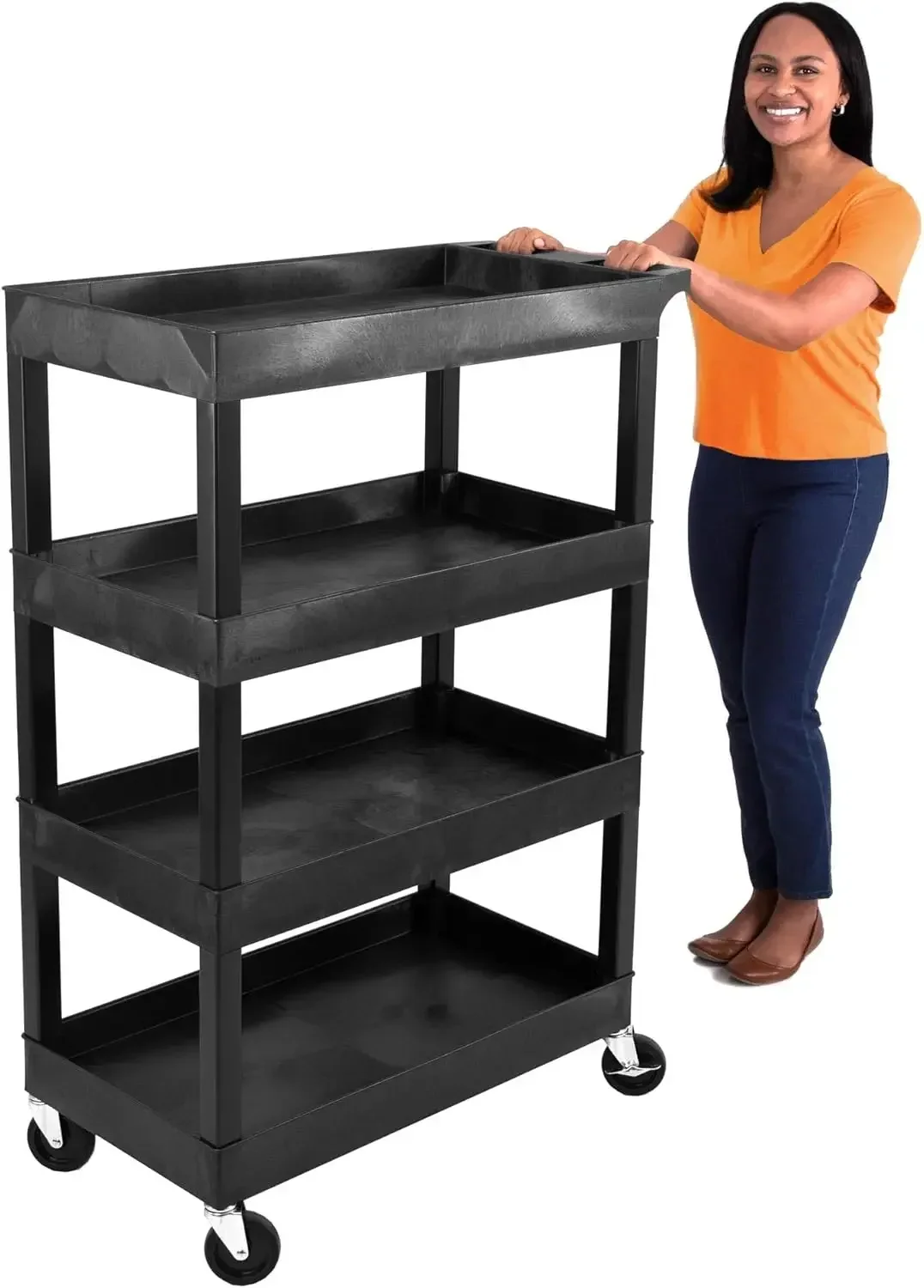 Steady Tubstr 4 Shelf Utility Cart Supports Up to 300 lbs - Heavy-Duty Plastic Service Push Cart with Deep Shelves and 4