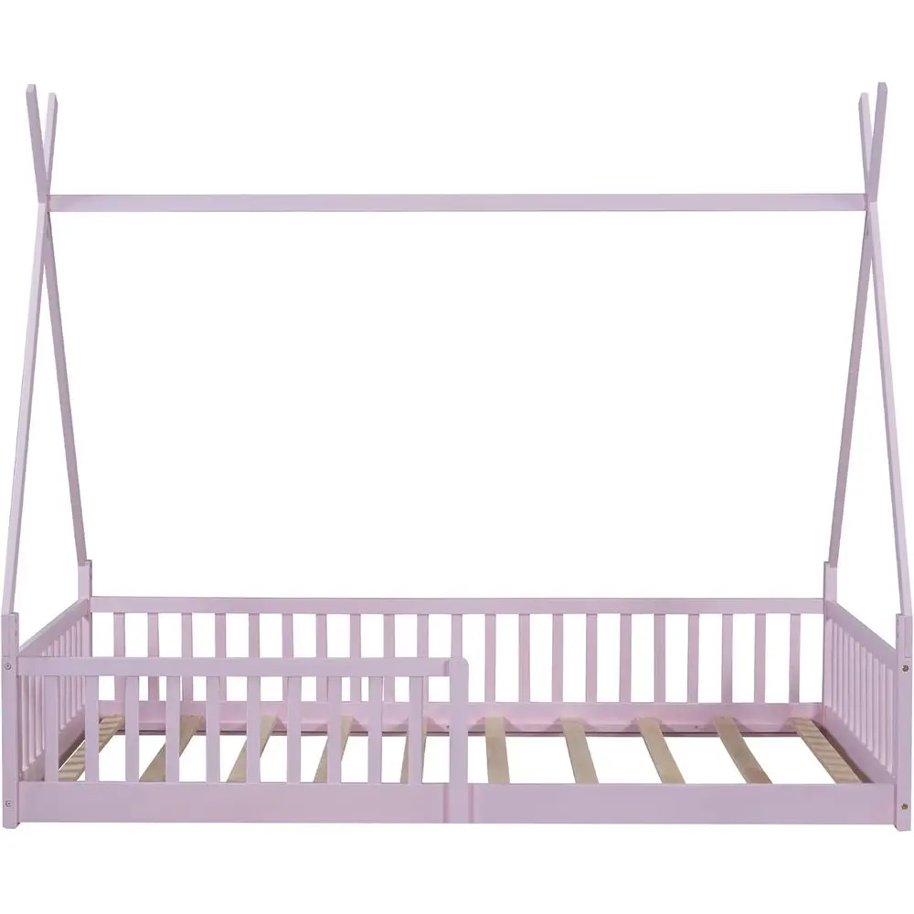 Platform Bed Floor Bed with Fence, No Box Spring Needed (Slats Kit Included), Pink