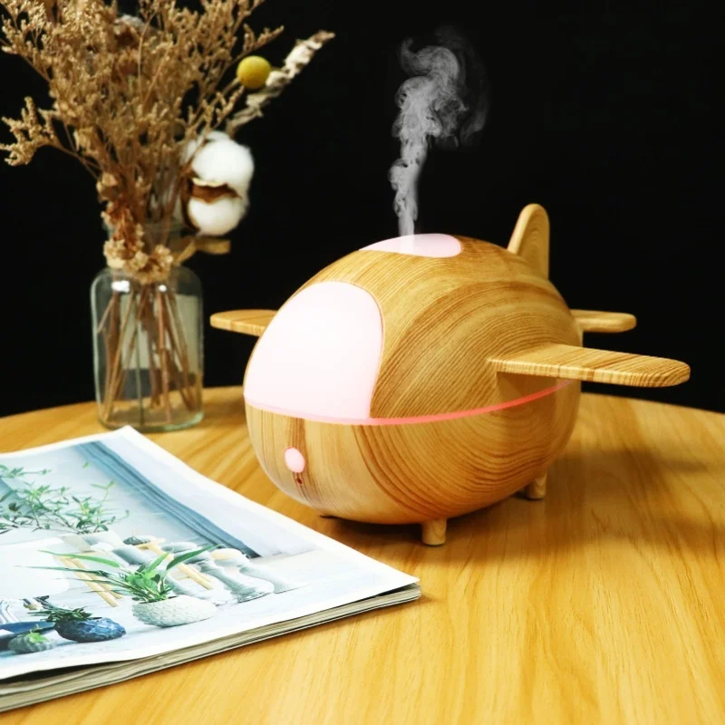 humidificateur-d'air-avec-base-imitation-bois-diffuseur-d'huiles-essentielles-en-forme-d'avion-avec-telecommande-et-veilleuse-led-pour-la-maison-et-le-bureau
