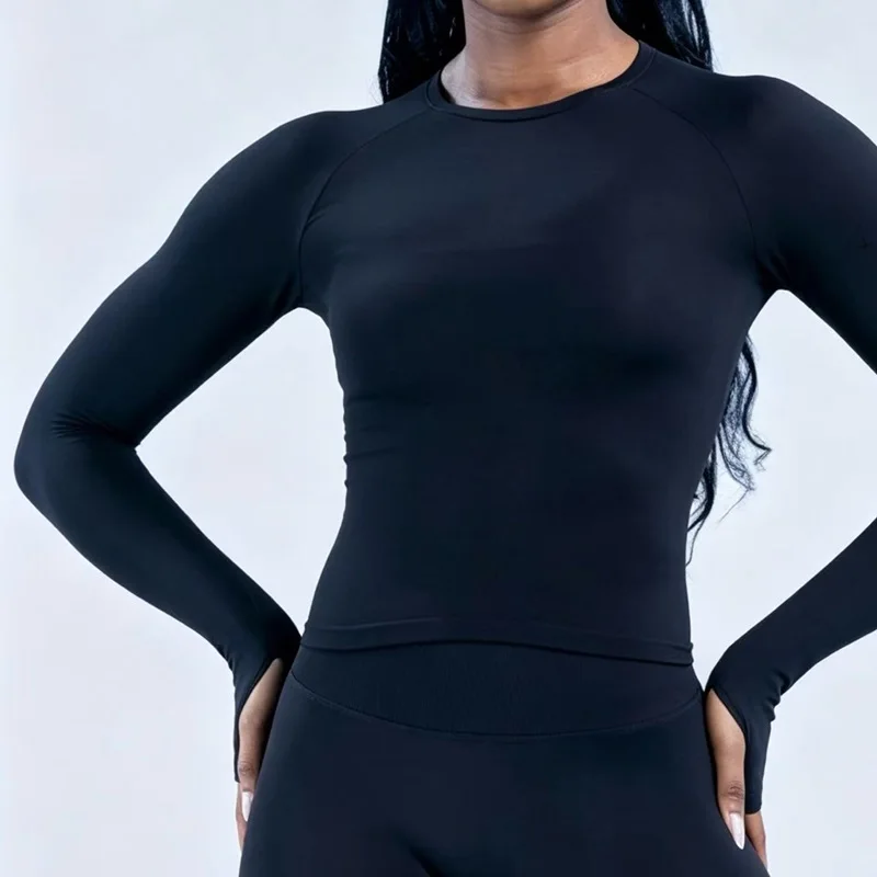 Women Long Sleeve Yoga Top Crew Neck Raglan Thumb Hole Slim Fit Cropped Workout Shirt Seamless Breathable Sports Running Gym Top
