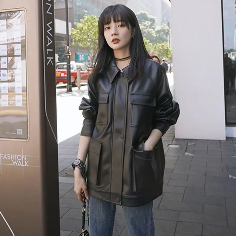 2025 Spring and Autumn New Women's Leather Jacket Loose Commuter PU Oversize Leather Jacket