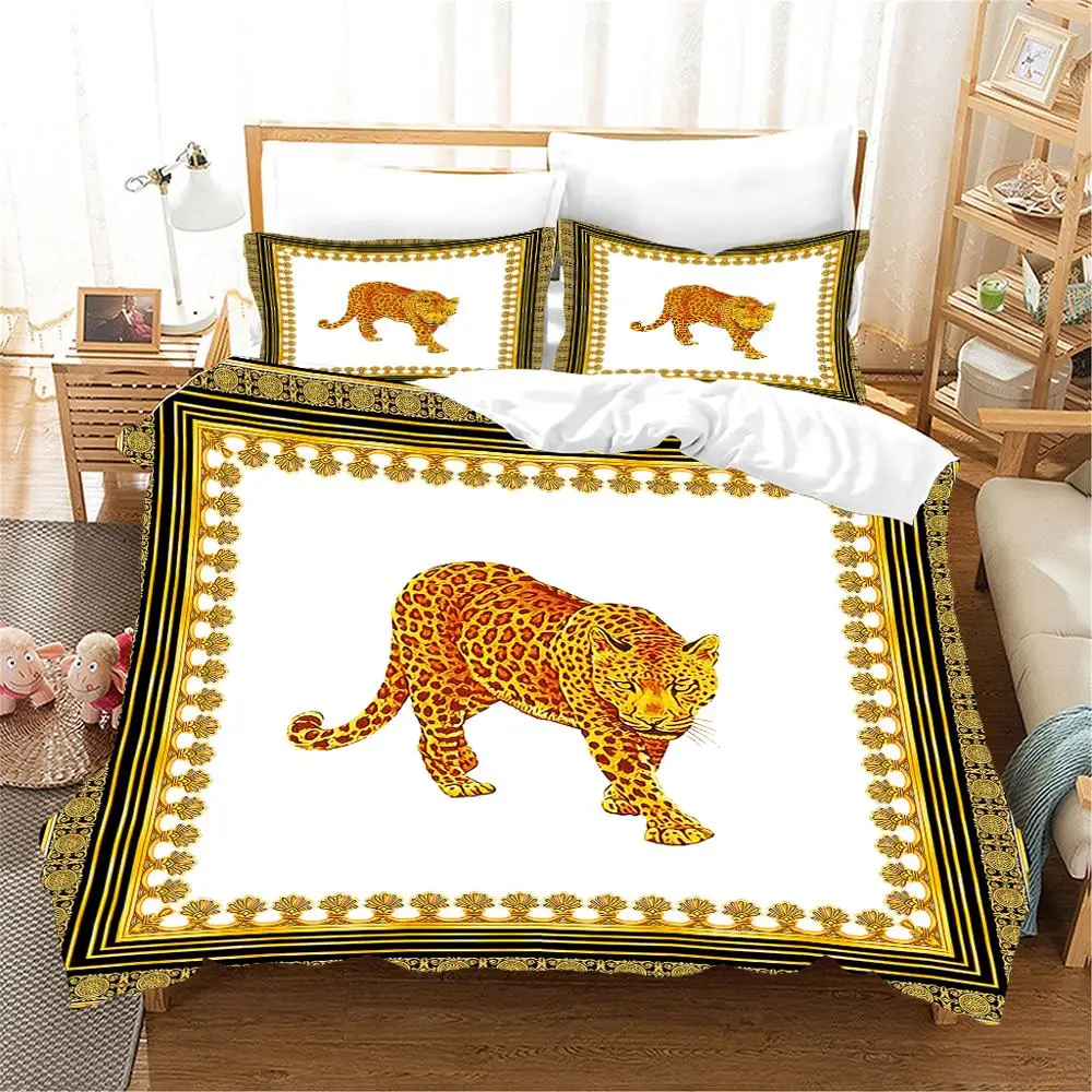 High-end Luxury Bedding Set French Italy Style Design King Queen Size Coffee Golden Color Pattern Print Home Use Duvet cover Set