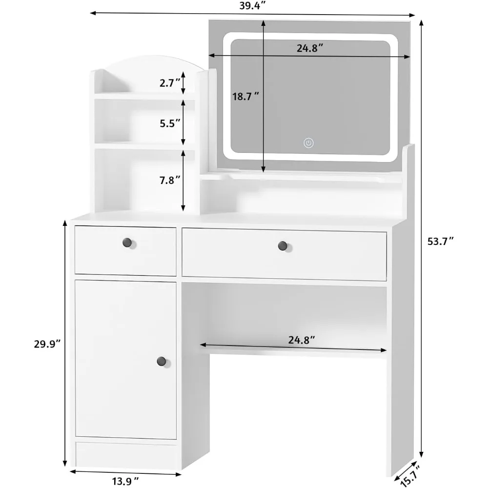 White Vanity Desk with Mirror & Light, Makeup Table with Large Drawer & Four Level Storage Dresser, 3 Lighting Modes