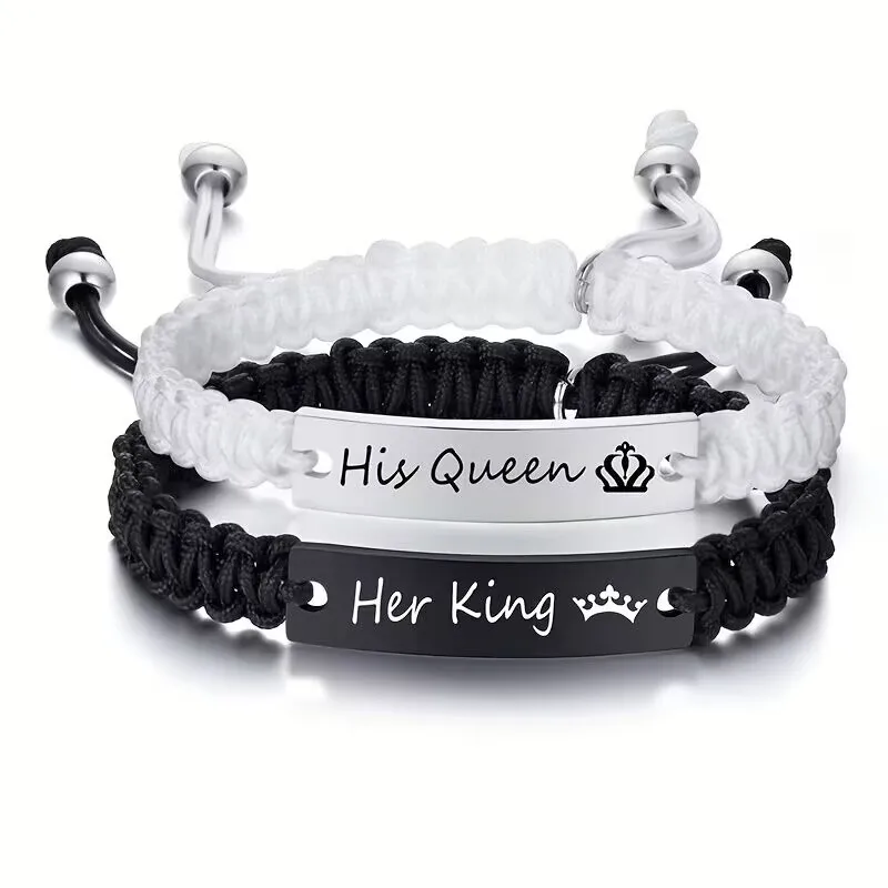 2 Stück handgemachte weiße schwarze geflochtene Seil Armband Set verstellbare Edelstahl Paar Armbänder Valentinstag Geschenke – Detail 7