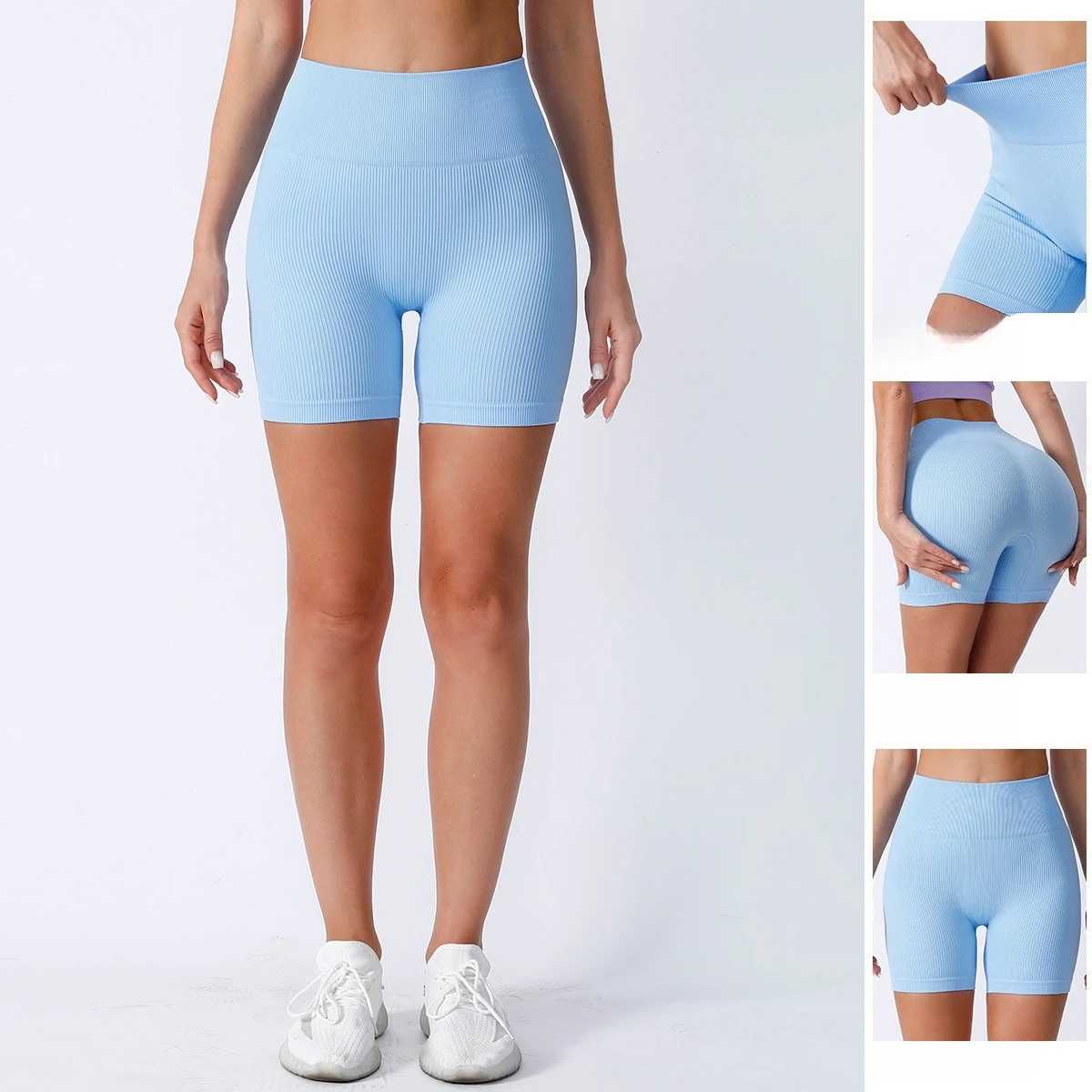 Women Seamless Ribbed Yoga Shorts, High Waist Butt Lifting High Elastic Bodycon 3 Inch Workout Sports Shorts