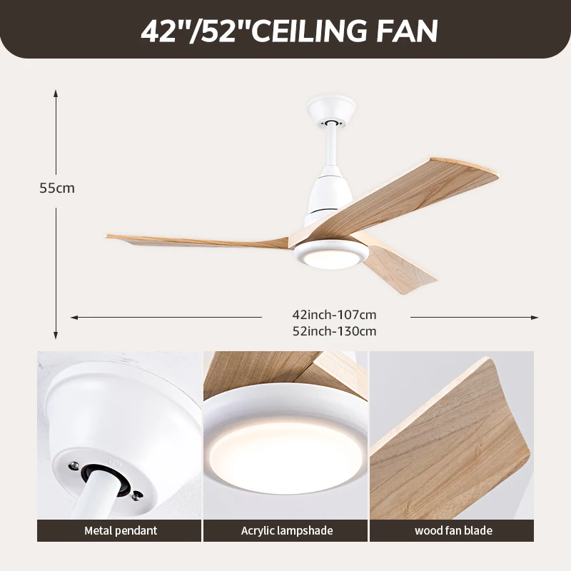 Imagem -02 - Modernos Ventiladores de Teto de Madeira com Luzes e Remoto Silencioso Reversível dc Motor Cores Led Light Lâminas Velocidades 42