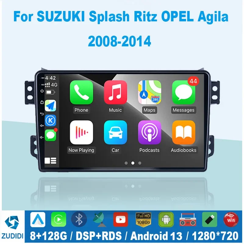 8G 128G 2din Android 13 Auto Autoradio Voor Opel Agila Suzuki Splash Ritz 2008-2014 Multimediaspeler Head Unit Carplay Auto Wifi